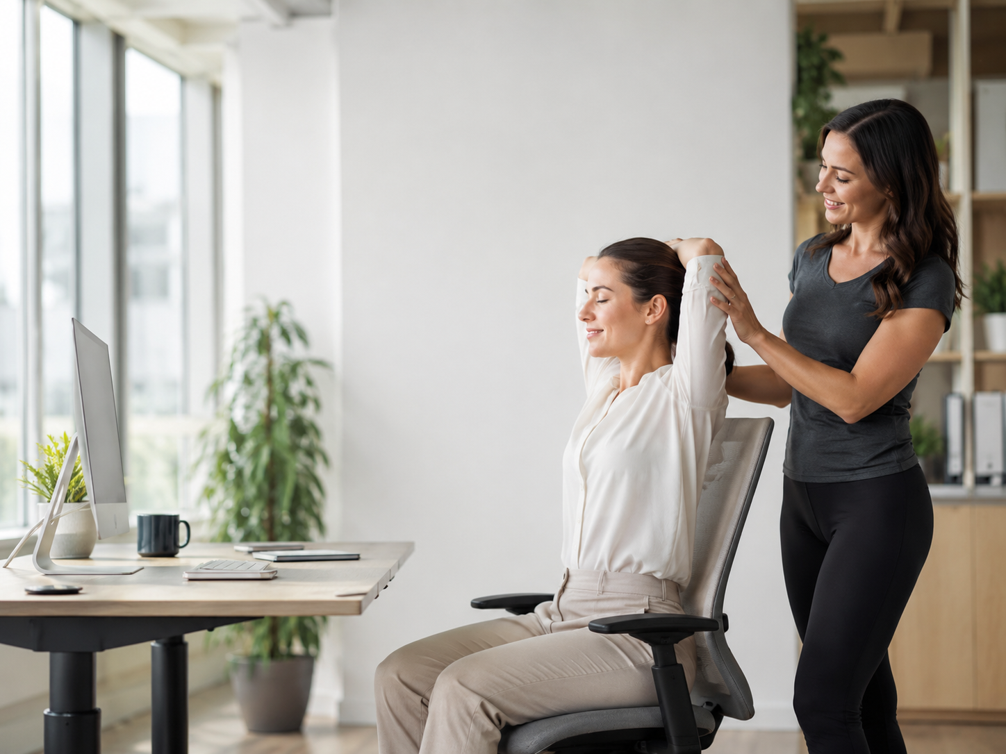 Office worker receiving guided chair stretch support in a calm workplace