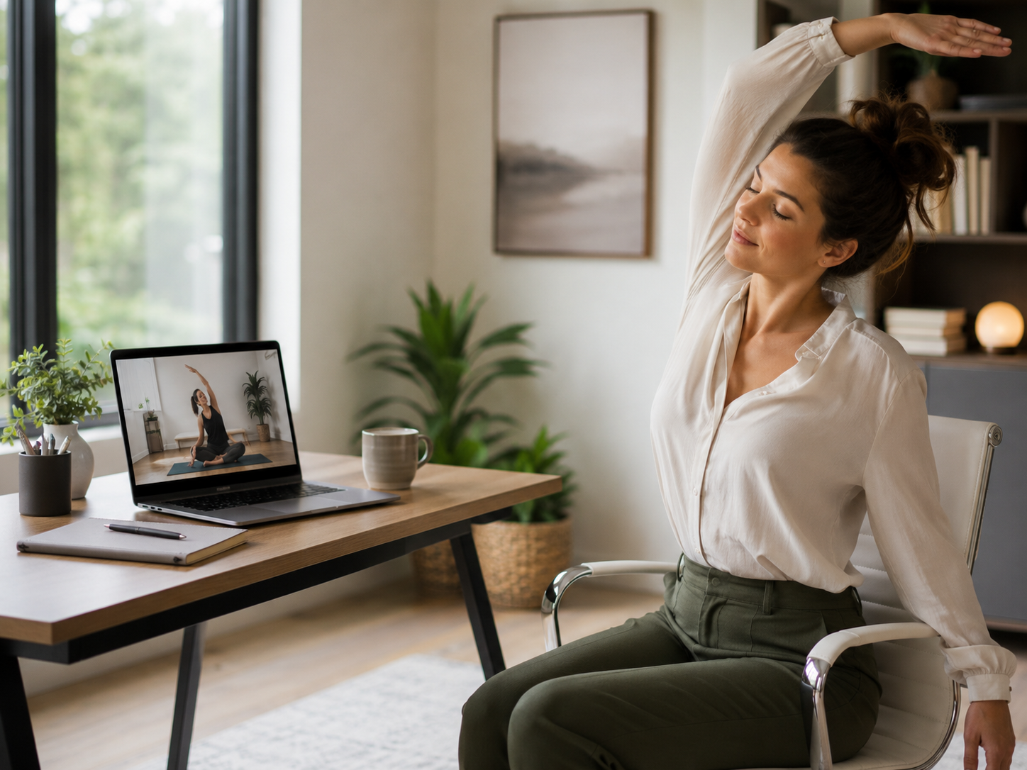 Remote office worker following a desk yoga routine from a laptop