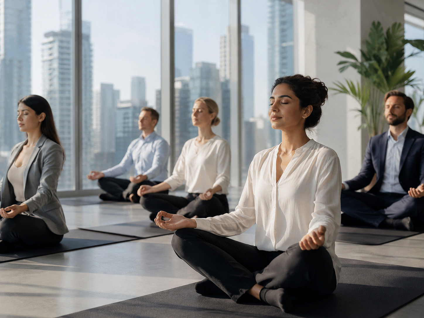 Professionals meditating together in a modern office studio with city view